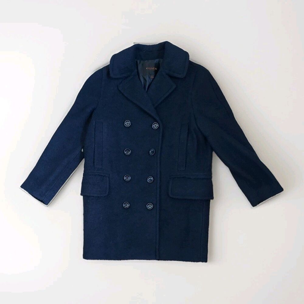 Coach Women's Navy Blue Double Breasted Wool Pink Pea Coat Size Medium